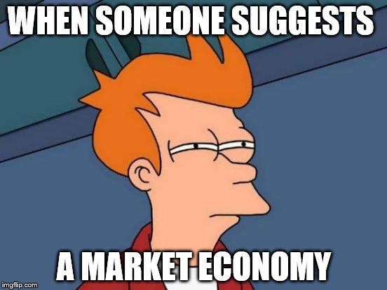 Futurama Fry Meme | WHEN SOMEONE SUGGESTS; A MARKET ECONOMY | image tagged in memes,futurama fry | made w/ Imgflip meme maker