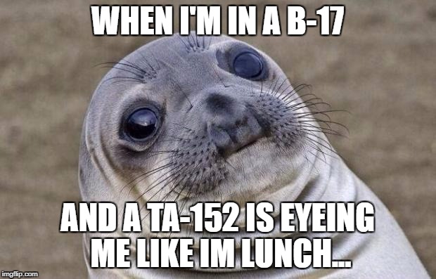Awkward Moment Sealion Meme | WHEN I'M IN A B-17; AND A TA-152 IS EYEING ME LIKE IM LUNCH... | image tagged in memes,awkward moment sealion | made w/ Imgflip meme maker