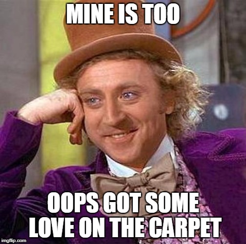 Creepy Condescending Wonka Meme | MINE IS TOO OOPS GOT SOME LOVE ON THE CARPET | image tagged in memes,creepy condescending wonka | made w/ Imgflip meme maker