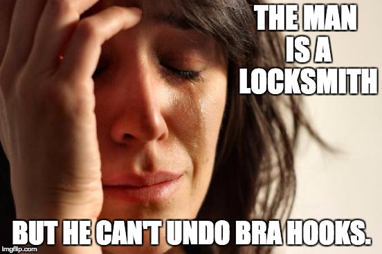 First World Problems Meme | THE MAN IS A LOCKSMITH; BUT HE CAN'T UNDO BRA HOOKS. | image tagged in memes,first world problems | made w/ Imgflip meme maker