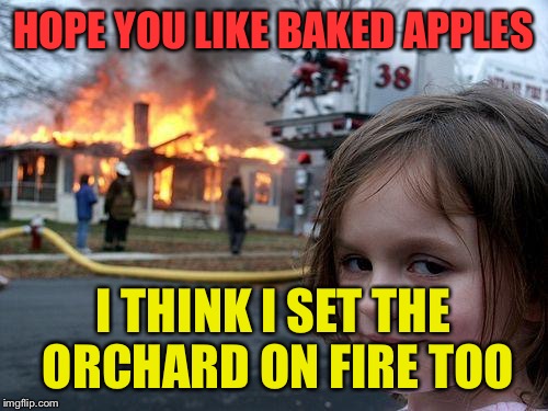 Disaster Girl Meme | HOPE YOU LIKE BAKED APPLES; I THINK I SET THE ORCHARD ON FIRE TOO | image tagged in memes,disaster girl | made w/ Imgflip meme maker
