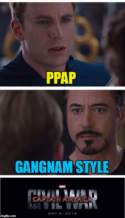 Marvel Civil War 1 Meme | PPAP; GANGNAM STYLE | image tagged in memes,marvel civil war 1 | made w/ Imgflip meme maker
