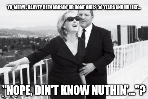 YO, MERYL. HARVEY BEEN ABUSIN' UR HOME GIRLS 30 YEARS AND UR LIKE... "NOPE, DIN'T KNOW NUTHIN'..."? | image tagged in mary streep | made w/ Imgflip meme maker