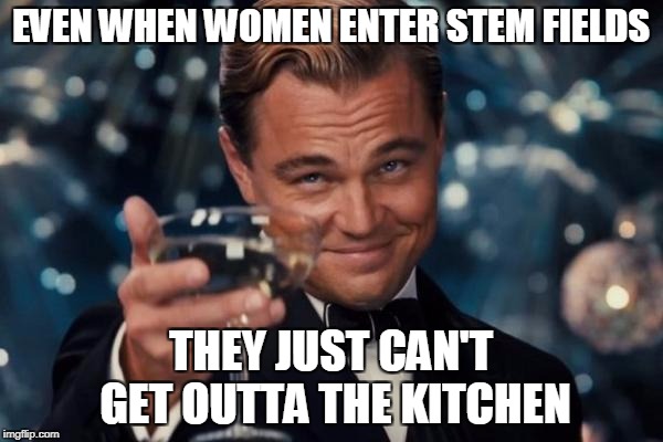 Leonardo Dicaprio Cheers Meme | EVEN WHEN WOMEN ENTER STEM FIELDS THEY JUST CAN'T GET OUTTA THE KITCHEN | image tagged in memes,leonardo dicaprio cheers | made w/ Imgflip meme maker