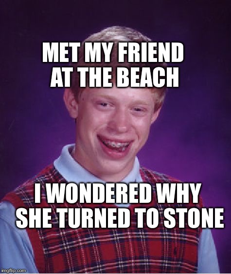 Bad Luck Brian Meme | MET MY FRIEND AT THE BEACH; I WONDERED WHY SHE TURNED TO STONE | image tagged in memes,bad luck brian | made w/ Imgflip meme maker