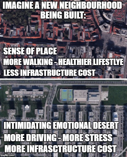New Urbanism | IMAGINE A NEW NEIGHBOURHOOD BEING BUILT:; SENSE OF PLACE; MORE WALKING - HEALTHIER LIFESTLYE; LESS INFRASTRUCTURE COST; INTIMIDATING EMOTIONAL DESERT; MORE DRIVING - MORE STRESS; MORE INFRASCTRUCTURE COST | image tagged in new urbanism,urbanism,architecture | made w/ Imgflip meme maker