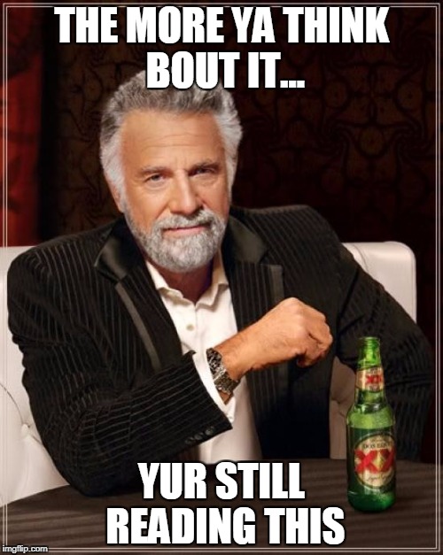 The Most Interesting Man In The World Meme | THE MORE YA THINK BOUT IT... YUR STILL READING THIS | image tagged in memes,the most interesting man in the world | made w/ Imgflip meme maker