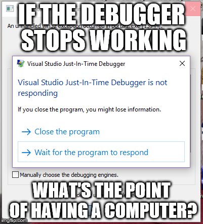 AAAAAAAARRRRGGGGG! | IF THE DEBUGGER STOPS WORKING; WHAT'S THE POINT OF HAVING A COMPUTER? | image tagged in computer | made w/ Imgflip meme maker