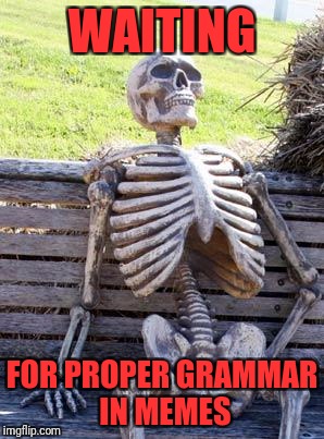 Waiting Skeleton Meme | WAITING FOR PROPER GRAMMAR IN MEMES | image tagged in memes,waiting skeleton | made w/ Imgflip meme maker