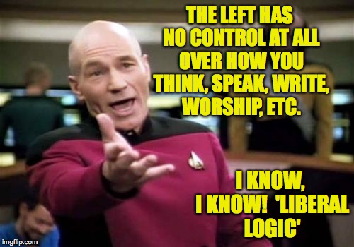 Picard Wtf Meme | THE LEFT HAS NO CONTROL AT ALL OVER HOW YOU THINK, SPEAK, WRITE, WORSHIP, ETC. I KNOW, I KNOW!  'LIBERAL LOGIC' | image tagged in memes,picard wtf | made w/ Imgflip meme maker