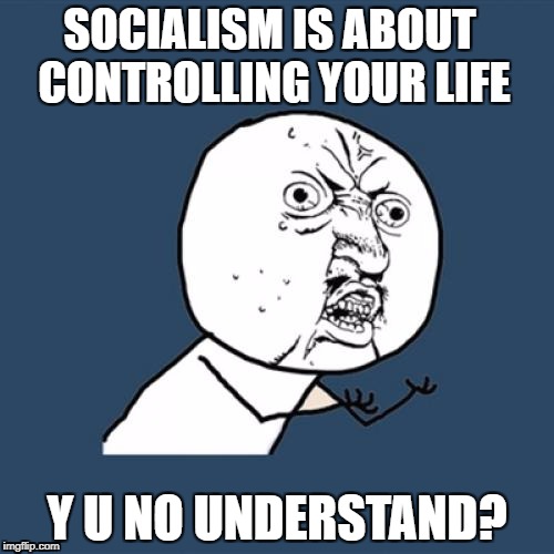 Y U No | SOCIALISM IS ABOUT CONTROLLING YOUR LIFE; Y U NO UNDERSTAND? | image tagged in memes,y u no | made w/ Imgflip meme maker