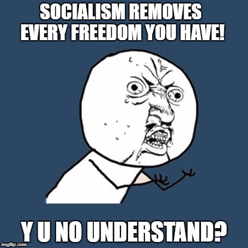 Y U No | SOCIALISM REMOVES EVERY FREEDOM YOU HAVE! Y U NO UNDERSTAND? | image tagged in memes,y u no | made w/ Imgflip meme maker