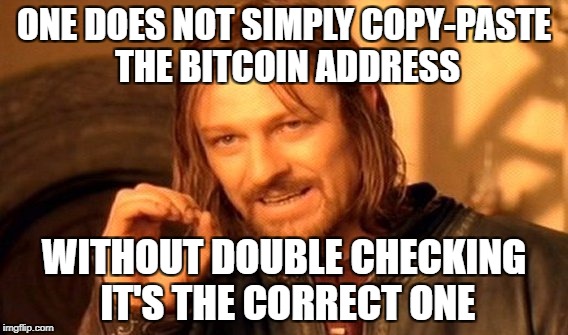One Does Not Simply Meme | ONE DOES NOT SIMPLY COPY-PASTE THE BITCOIN ADDRESS; WITHOUT DOUBLE CHECKING IT'S THE CORRECT ONE | image tagged in memes,one does not simply | made w/ Imgflip meme maker
