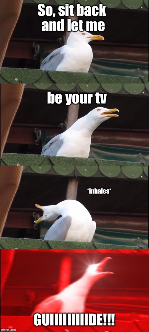 Inhaling Seagull | So, sit back and let me; be your tv; *inhales*; GUIIIIIIIIIDE!!! | image tagged in inhaling seagull | made w/ Imgflip meme maker