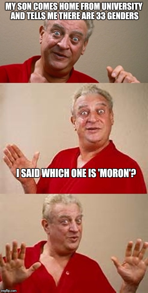 Dangerfield understanding progressives  | MY SON COMES HOME FROM UNIVERSITY AND TELLS ME THERE ARE 33 GENDERS; I SAID WHICH ONE IS 'MORON'? | image tagged in bad pun dangerfield,gender | made w/ Imgflip meme maker