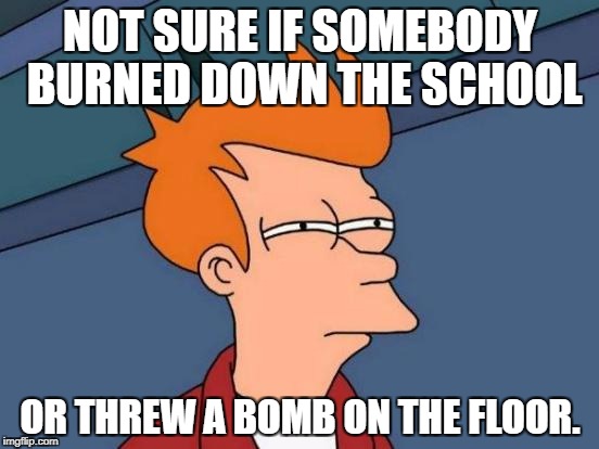 Futurama Fry Meme | NOT SURE IF SOMEBODY BURNED DOWN THE SCHOOL; OR THREW A BOMB ON THE FLOOR. | image tagged in memes,futurama fry | made w/ Imgflip meme maker