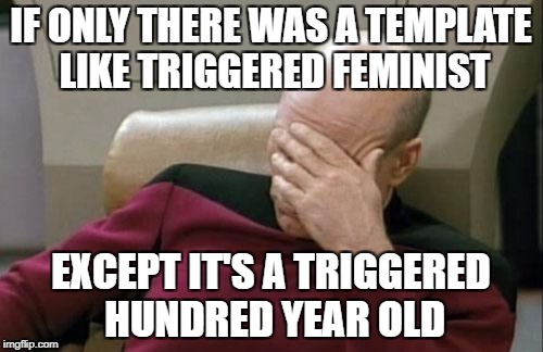 Captain Picard Facepalm Meme | IF ONLY THERE WAS A TEMPLATE LIKE TRIGGERED FEMINIST EXCEPT IT'S A TRIGGERED HUNDRED YEAR OLD | image tagged in memes,captain picard facepalm | made w/ Imgflip meme maker