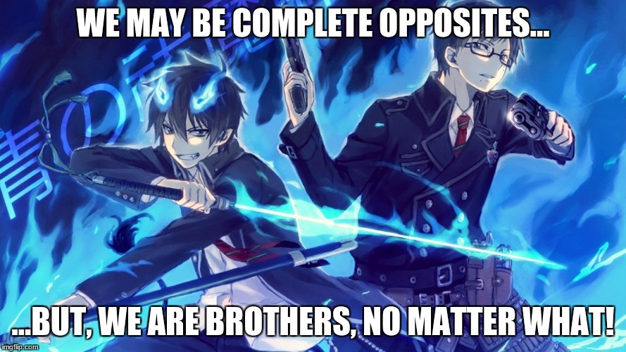 WE MAY BE COMPLETE OPPOSITES... ...BUT, WE ARE BROTHERS, NO MATTER WHAT! | image tagged in blue exorcist rin and yukio | made w/ Imgflip meme maker