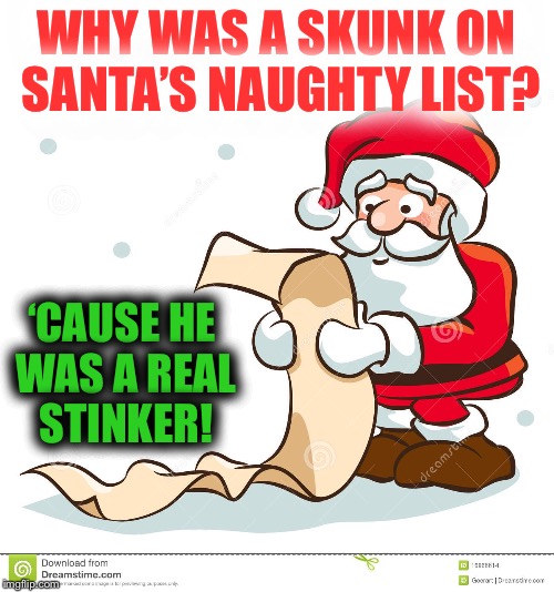 Christmas Joke.... | WHY WAS A SKUNK ON SANTA’S NAUGHTY LIST? ‘CAUSE HE WAS A REAL STINKER! | image tagged in santa claus,skunk,naughty list | made w/ Imgflip meme maker