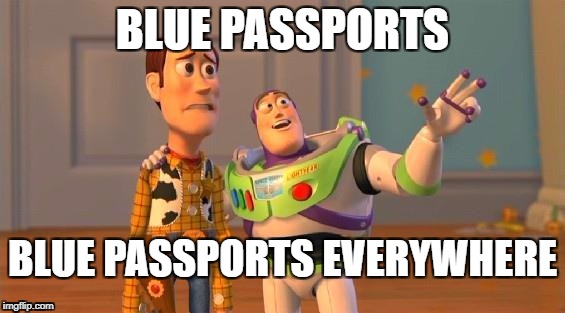 Benefits of Brexit | BLUE PASSPORTS; BLUE PASSPORTS EVERYWHERE | image tagged in brexit,stupid people,special kind of stupid | made w/ Imgflip meme maker