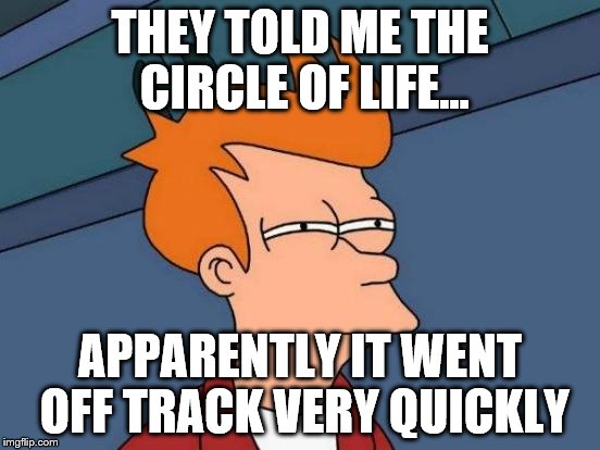 THEY TOLD ME THE CIRCLE OF LIFE... APPARENTLY IT WENT OFF TRACK VERY QUICKLY | image tagged in memes,futurama fry | made w/ Imgflip meme maker