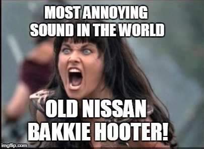 Screaming Woman | MOST ANNOYING SOUND IN THE WORLD; OLD NISSAN BAKKIE HOOTER! | image tagged in screaming woman | made w/ Imgflip meme maker