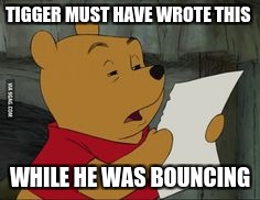 Stoned Winnie Pooh | TIGGER MUST HAVE WROTE THIS; WHILE HE WAS BOUNCING | image tagged in stoned winnie pooh | made w/ Imgflip meme maker