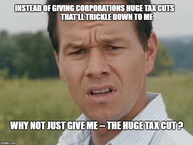 Huh  |  INSTEAD OF GIVING CORPORATIONS HUGE TAX CUTS                  THAT'LL TRICKLE DOWN TO ME; WHY NOT JUST GIVE ME -- THE HUGE TAX CUT ? | image tagged in huh | made w/ Imgflip meme maker