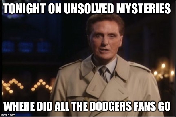 robert stack | TONIGHT ON UNSOLVED MYSTERIES; WHERE DID ALL THE DODGERS FANS GO | image tagged in robert stack | made w/ Imgflip meme maker