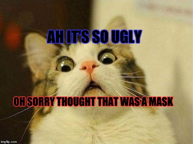 Scared Cat Meme | AH IT'S SO UGLY; OH SORRY THOUGHT THAT WAS A MASK | image tagged in memes,scared cat | made w/ Imgflip meme maker