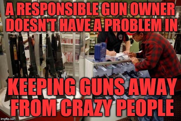 Selling Gun | A RESPONSIBLE GUN OWNER DOESN'T HAVE A PROBLEM IN; KEEPING GUNS AWAY FROM CRAZY PEOPLE | image tagged in selling gun | made w/ Imgflip meme maker