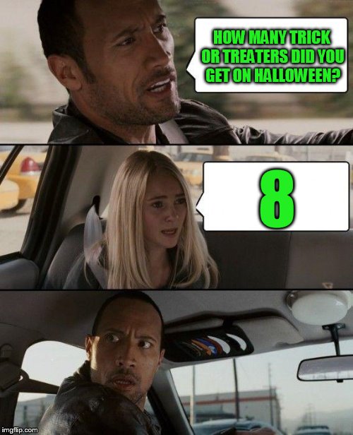 I saw hundreds walking around town! | HOW MANY TRICK OR TREATERS DID YOU GET ON HALLOWEEN? 8 | image tagged in memes,the rock driving | made w/ Imgflip meme maker