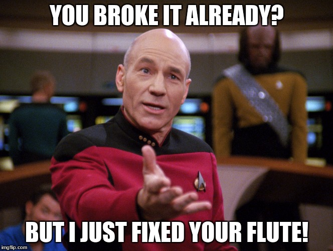 When You Can't Take it Anymore | YOU BROKE IT ALREADY? BUT I JUST FIXED YOUR FLUTE! | image tagged in first world problems,picard frustrated | made w/ Imgflip meme maker
