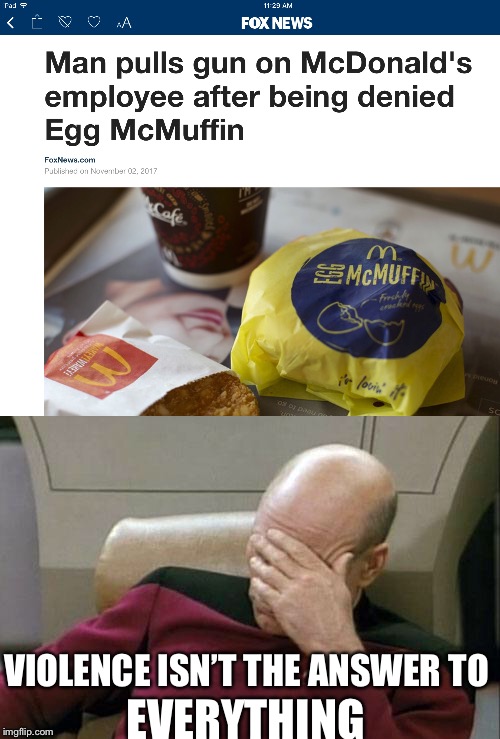 Come on man! Just order something else and be done. | EVERYTHING; VIOLENCE ISN’T THE ANSWER TO | image tagged in mcdonalds,picard | made w/ Imgflip meme maker