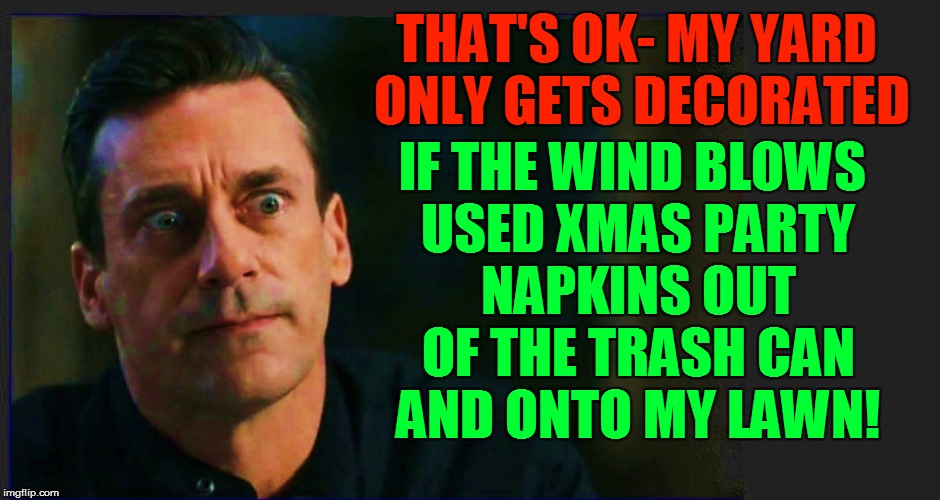 THAT'S OK- MY YARD ONLY GETS DECORATED IF THE WIND BLOWS USED XMAS PARTY NAPKINS OUT OF THE TRASH CAN AND ONTO MY LAWN! | made w/ Imgflip meme maker