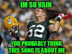 Clay Matthews, Green Bay Packers | IM SO VAIN; YOU PROBABLY THINK THIS SONG IS ABOUT ME | image tagged in clay matthews hair flick,green bay packers,nfl | made w/ Imgflip meme maker