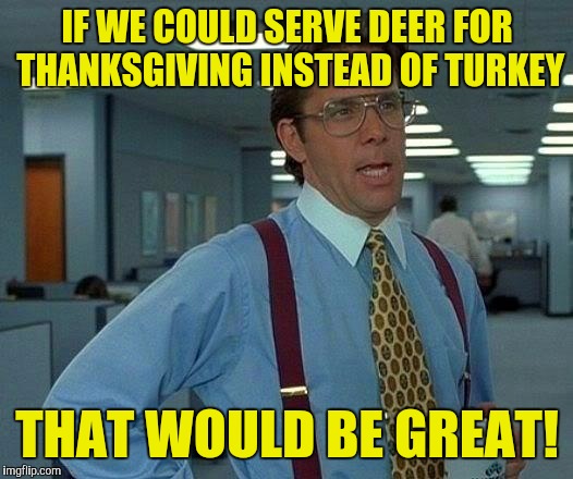 There's more deer out there than turkey's! :) | IF WE COULD SERVE DEER FOR THANKSGIVING INSTEAD OF TURKEY; THAT WOULD BE GREAT! | image tagged in memes,that would be great | made w/ Imgflip meme maker