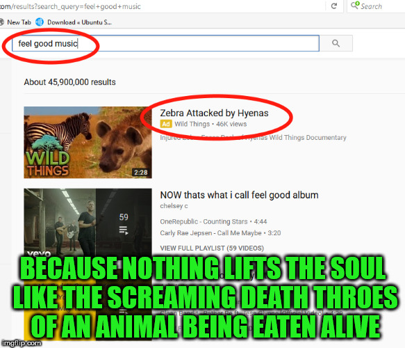 WTF YouTube? | BECAUSE NOTHING LIFTS THE SOUL LIKE THE SCREAMING DEATH THROES OF AN ANIMAL BEING EATEN ALIVE | image tagged in feel good music,youtube,youtube search,nature,cruel nature | made w/ Imgflip meme maker