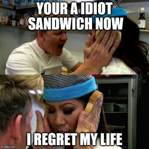 Gordon Ramsay Idiot Sandwich | YOUR A IDIOT SANDWICH NOW; I REGRET MY LIFE | image tagged in gordon ramsay idiot sandwich | made w/ Imgflip meme maker