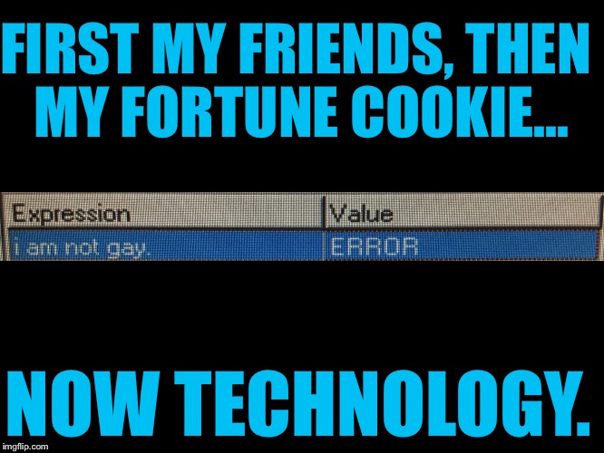 Please stop calling me gay. | FIRST MY FRIENDS, THEN MY FORTUNE COOKIE... NOW TECHNOLOGY. | image tagged in gay,funny,memes,sad | made w/ Imgflip meme maker