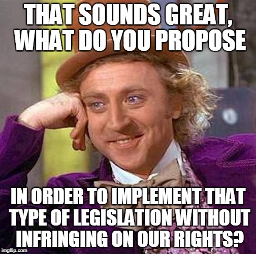 Creepy Condescending Wonka Meme | THAT SOUNDS GREAT, WHAT DO YOU PROPOSE IN ORDER TO IMPLEMENT THAT TYPE OF LEGISLATION WITHOUT INFRINGING ON OUR RIGHTS? | image tagged in memes,creepy condescending wonka | made w/ Imgflip meme maker
