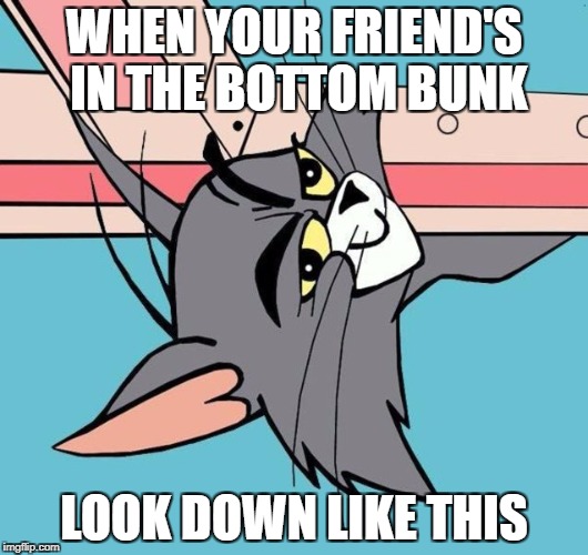 Sleep-over Season | WHEN YOUR FRIEND'S IN THE BOTTOM BUNK; LOOK DOWN LIKE THIS | image tagged in tom and jerry,memes,funny,kill me now,end my suffering,please | made w/ Imgflip meme maker