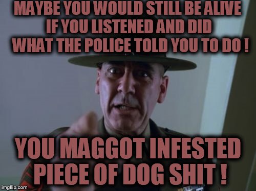 Wood Shampoo | MAYBE YOU WOULD STILL BE ALIVE IF YOU LISTENED AND DID  WHAT THE POLICE TOLD YOU TO DO ! YOU MAGGOT INFESTED PIECE OF DOG SHIT ! | image tagged in sergeant hartmann,police lives matter,cops | made w/ Imgflip meme maker