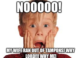 NOOOOO! MY WIFE RAN OUT OF TAMPONS!
WHY LORD!!! WHY ME! | made w/ Imgflip meme maker