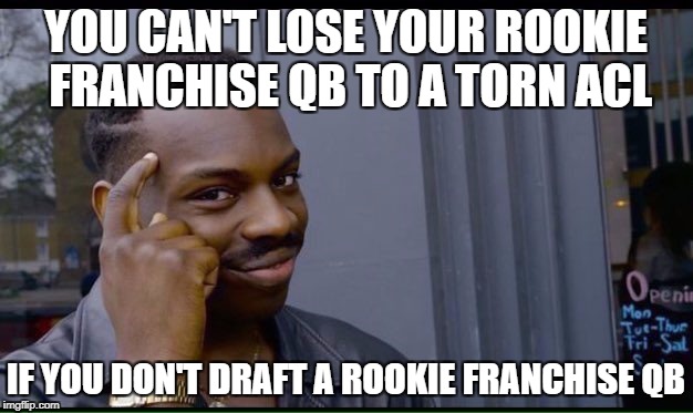 Roll Safe Think About It Meme | YOU CAN'T LOSE YOUR ROOKIE FRANCHISE
QB TO A TORN ACL; IF YOU DON'T DRAFT A ROOKIE FRANCHISE QB | image tagged in thinking black guy | made w/ Imgflip meme maker