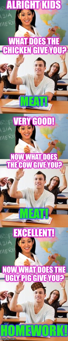 Get Roasted Unhelpful High School Teach!!! | ALRIGHT KIDS; WHAT DOES THE CHICKEN GIVE YOU? MEAT! VERY GOOD! NOW WHAT DOES THE COW GIVE YOU? MEAT! EXCELLENT! NOW WHAT DOES THE UGLY PIG GIVE YOU? HOMEWORK! | image tagged in memes,unhelpful high school teacher,roasted,meat,teacher meme,perv | made w/ Imgflip meme maker