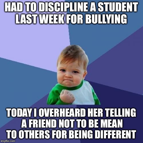 Success Kid Meme | HAD TO DISCIPLINE A STUDENT LAST WEEK FOR BULLYING; TODAY I OVERHEARD HER TELLING A FRIEND NOT TO BE MEAN TO OTHERS FOR BEING DIFFERENT | image tagged in memes,success kid | made w/ Imgflip meme maker