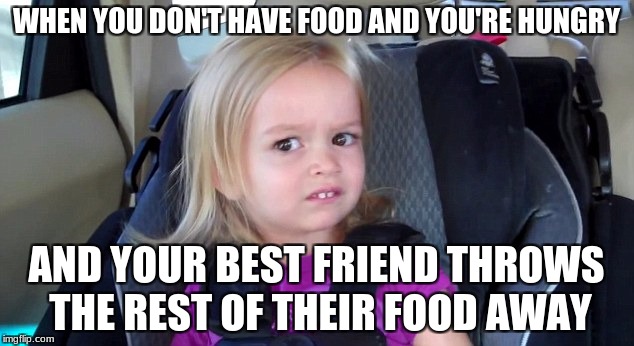 WHEN YOU DON'T HAVE FOOD AND YOU'RE HUNGRY; AND YOUR BEST FRIEND THROWS THE REST OF THEIR FOOD AWAY | image tagged in kingdawesome | made w/ Imgflip meme maker