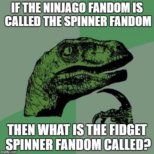 Philosoraptor | IF THE NINJAGO FANDOM IS CALLED THE SPINNER FANDOM; THEN WHAT IS THE FIDGET SPINNER FANDOM CALLED? | image tagged in memes,philosoraptor | made w/ Imgflip meme maker