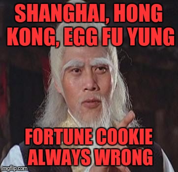 Wise Kung Fu Master | SHANGHAI, HONG KONG, EGG FU YUNG; FORTUNE COOKIE ALWAYS WRONG | image tagged in wise kung fu master | made w/ Imgflip meme maker
